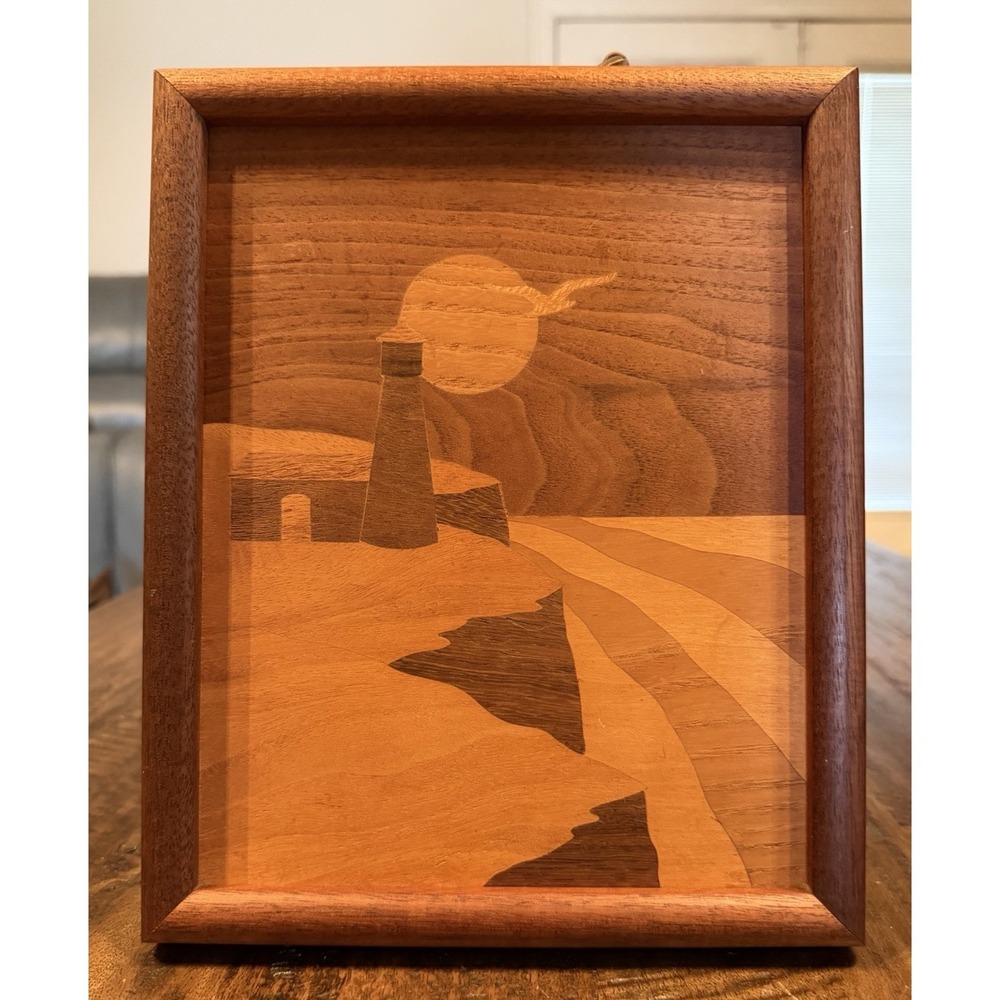 Vintage Handmade Wood Marquetry Lighthouse Wall Art Inlaid Wood Picture American